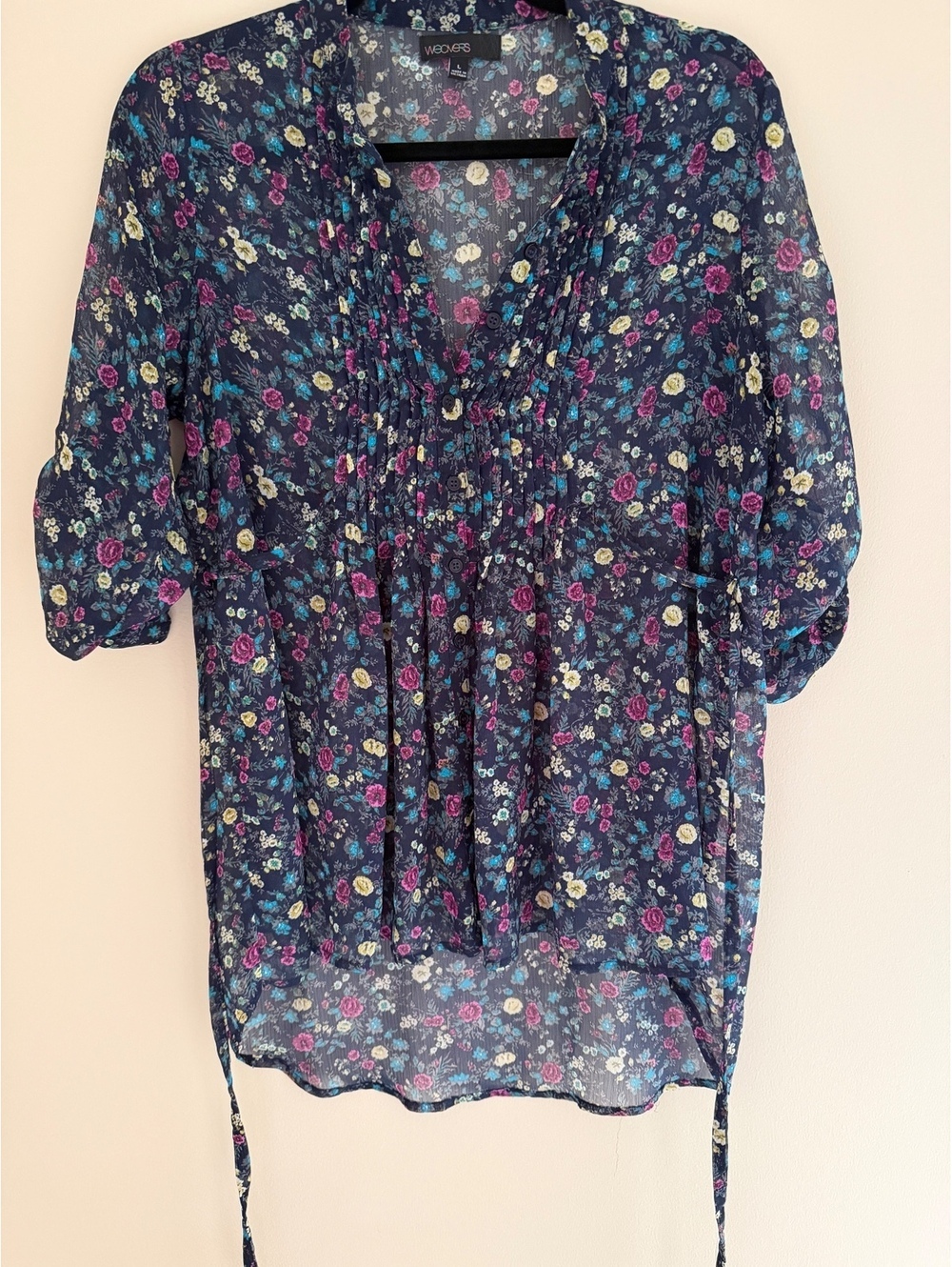L Weavers semi-sheer pleated button-down blouse